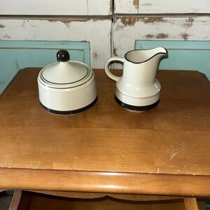 Cream and Black Ceramic Creamer & Covered Sugar Bowl